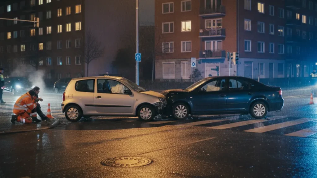 Foto notturna di un incidente stradale all'incrocio tra due auto scontrate frontalmente, con un paramedico che presta soccorso a una persona infortunata. Immagine relativa all'articolo di Studio Prosperi su First Online riguardante il risarcimento dei danni da sinistro stradale