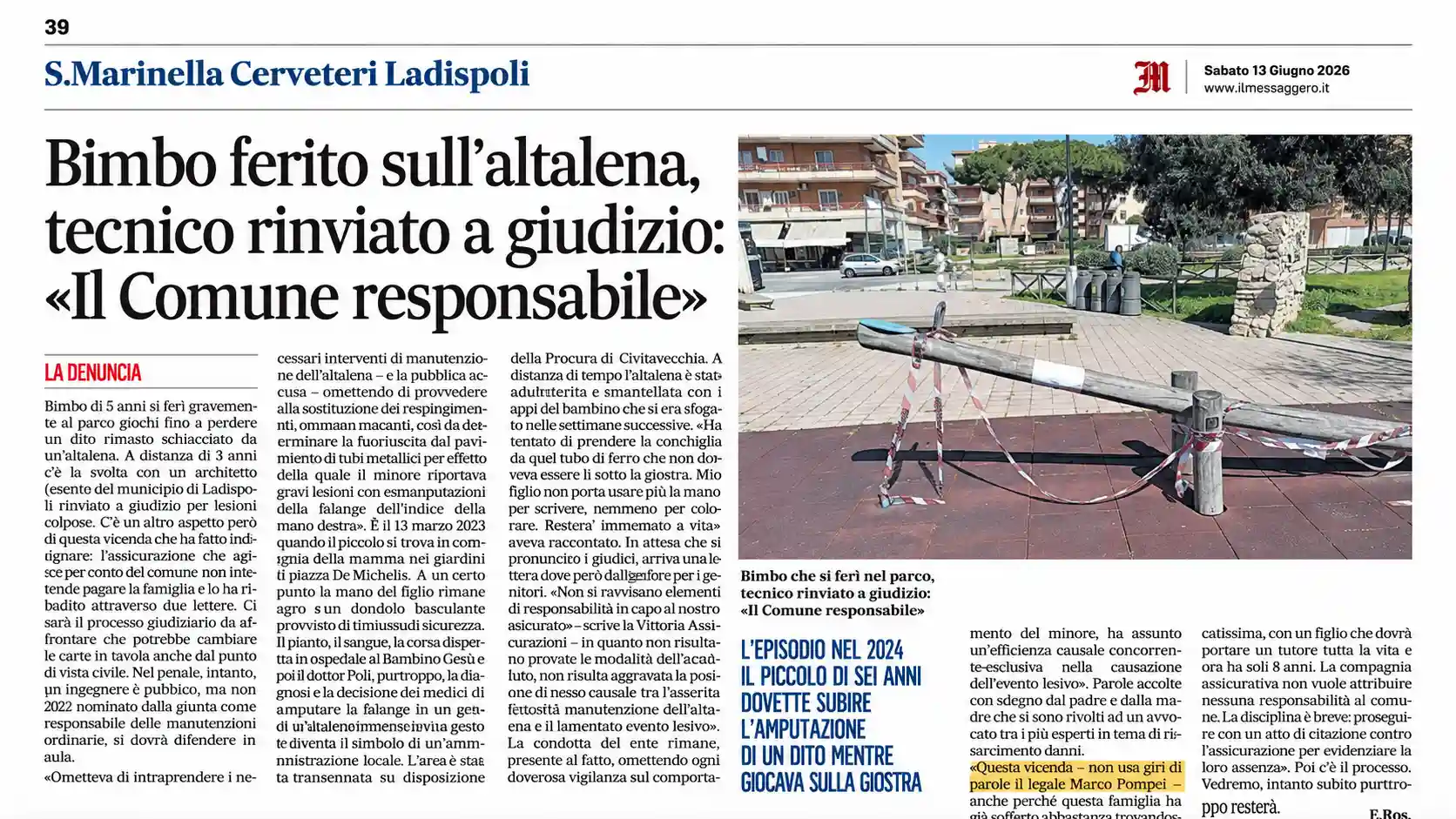 Il Messaggero – Risarcimento Danni Spazi Pubblici